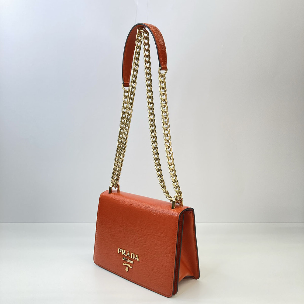 PRADA Saffiano Leather Chain Shoulder Bag Orange - Picture 2 of 6